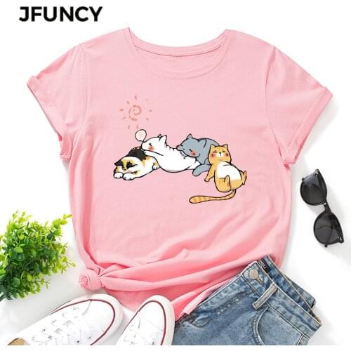 JFUNCY Plus Size Women Cotton Tshirt Sleeping Cat Graphic Print Loose Tees Shirt Short Sleeve Woman T-shirt Summer Female Top