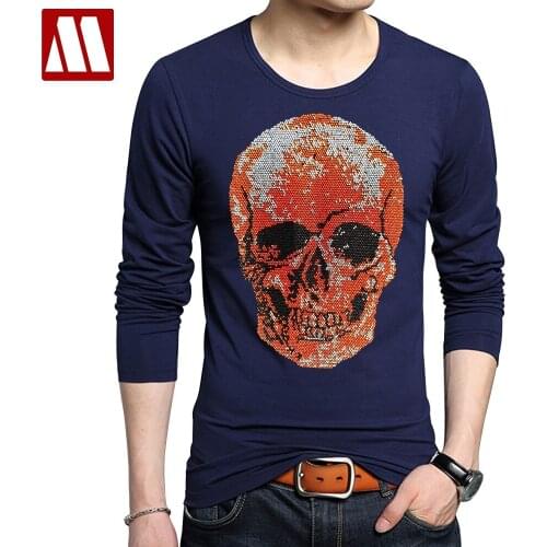 Hot Rhinestone Skull Mens T-Shirt Trend Slim Handsome Mercerized Cotton Large Size Male Summer Casual Sports Shirt Tops & Tees