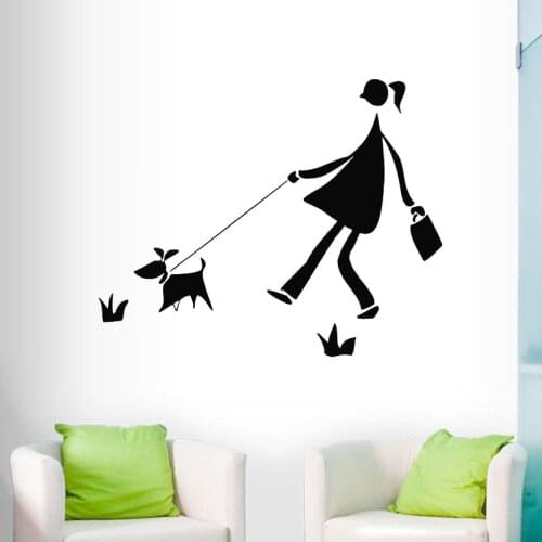 Girl Walking With Puppy Pets Wall Sticker Pet Shop Interior Vinyl Art Murals Kids Children Room Decoration Nursery Wall Decals