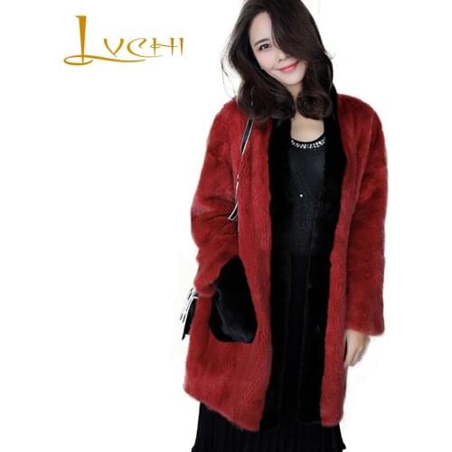 LVCHI Winter 2019 Long Sleeve Mink Coats Black Pocket Real Mink Fur Coat Natural Fur Causal Womens V-Neck Red Medium Mink Coat