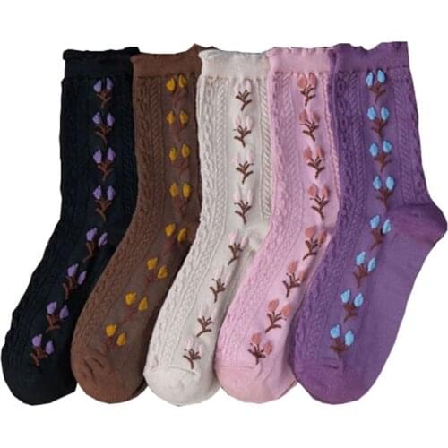 5 Pairs Women Socks Set Autumn Winter Retro Pure Cotton Ruffle Breathable Cute Socks Floral Japanese Jacquard Middle Tube Hyuna