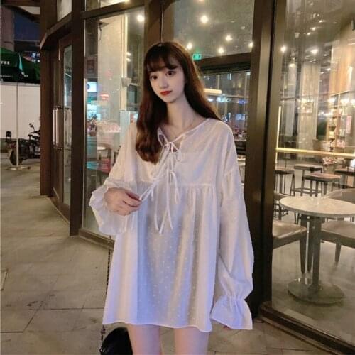 Womens 2020 New Summer Sweet but Front and Back Wearable Lace-up Ageing Girls Shirt Loose Micro-Transparent lolita dress