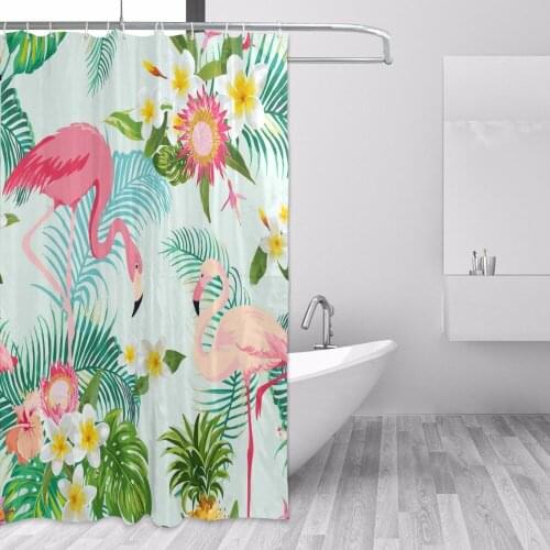 New Eco-friendly Tropical Floral Flamingos Polyester Bath Curtain High Quality Washable Bath Decor Shower Curtain for Bathroom