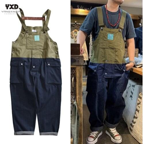 New mens cotton multi-pocket splice loose overalls man streetwear jeans men casual trousers suspenders pants jumpsuits coveralls