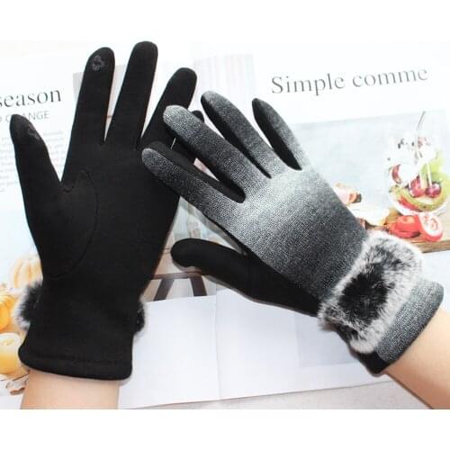 Ladies Hand-Dressing Cotton Gloves Fashion Short Rabbit Fur Collar Winter Outdoor Warm Gloves