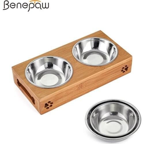Benepaw Antislip Bamboo Stand Double Bowl For Dog Stainless Steel Environmentally-friendly Pet Feeder Puppy Cat Food Water Bowl