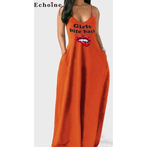 Casual Lip Printed Large Size Dresses Sexy Deep V Neck Spaghetti Straps Pockets Loose One-Piece Vestidos Elegant Ladies Clothes
