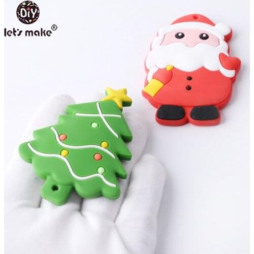 Lets Make 5pc Food Grade Baby Teethers Santa Claus Christmas Tree Silicone Pendant Teething DIY Pacifier Chain Silicone Teether