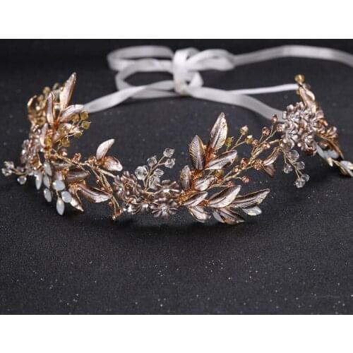 Bridal Hairband Crystal Bead Flower Bride Headbands Champagne Alloy Leaf Hair Comb Princess Wedding Hair Accessories Gold Tiaras