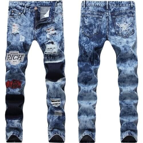 Light luxury men’s star embroidery denim pants high quality snow wash ripped jeans slimming street fashion casual jeans pants