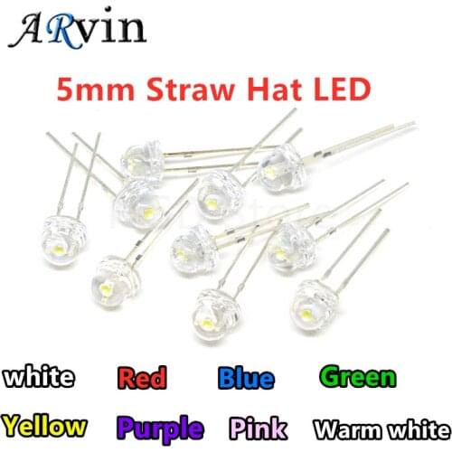 100PCS 5mm Straw Hat LED Diode Super Bright White F5 Power Light Emitting Diode Red Yellow Green Blue Warm White Pink Purple