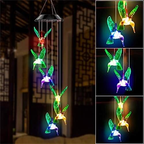LED Colorful Solar Power Wind Chime Crystal Hummingbird Butterfly Waterproof Outdoor Windchime Solar Light for Garden outdoor