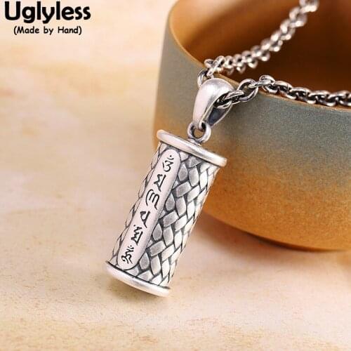 Uglyless Real 999 Full Silver Cylindrical Knitted Box Pendants for Men Women Unisex Buddhism 6-Word Mantra Necklaces NO Chains