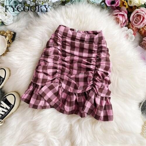 Korean Fashion Pleated Fishtail Skirt Women Summer Sweet Contrast Color Plaid Mini Skirts Female High Waist Sexy Fitness Skirt