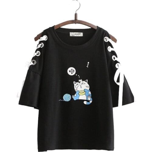 Merry Pretty Women Lace Up Cartoon Print T Shirts 2020 Summer Short Sleeve O-Neck Cotton T Shirt For Girl Cute Casual Tops Tees