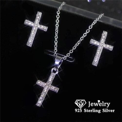 CC Cross Jewelry Set Necklace Earring Ring Sets for Women 925 Cubic Zircon Religious Party Accessories Jesus Gift