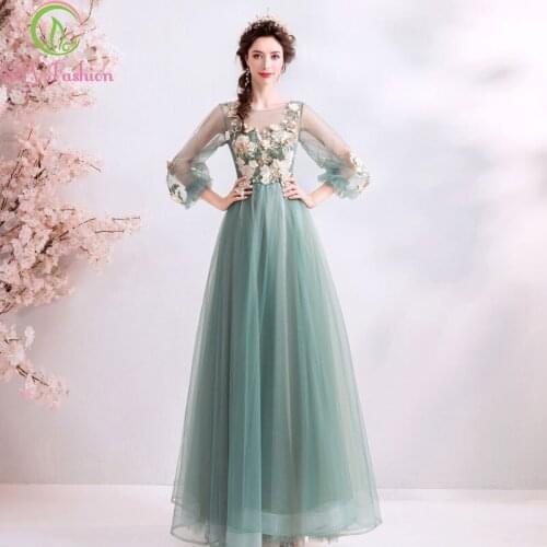SSYFashion New Banquet Elegant Evening Dress Long Sleeves Fresh Green Lace Embroidery Flower Formal Party Gowns Robe De Soiree