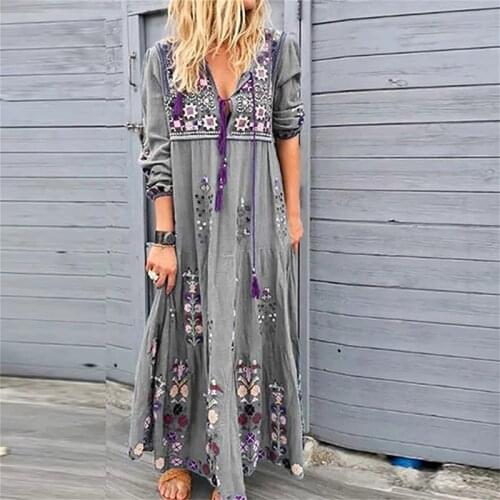 Womens Long Sleeve Bohemian Maxi Dresses Summer Ruffle Vintage Elegant Retro Boho Floral Large Size V-Neck Dress Vestidos Mid