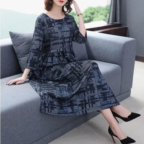 Fashion Autumn Spring Women Plaid Print Dress New 2019 Elegant Female Vestidos Three Quarter Sleeve Casual Loose Long Dresses