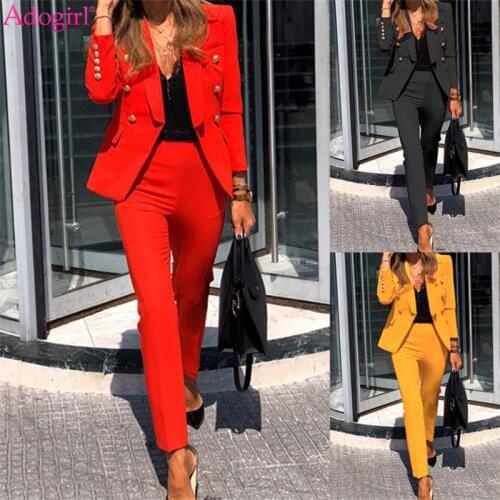Adogirl 2021 Autumn Office Lady Solid Two Piece Set Buttons Long Sleeve Cardigan Blazer Coat Pencil Pants Women Business Suit