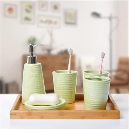 Bathroom Accessories Wedding Products Bamboo Wood Tray Ceramic Bathroom Five-Piece Set Of Simple And Creative Pastoral Wash Set