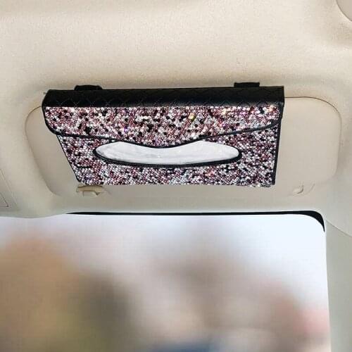 Bling crystal car sun visor tissue box holder Diamond Leather hanging pater towel case napkin Storage bag for auto accessories