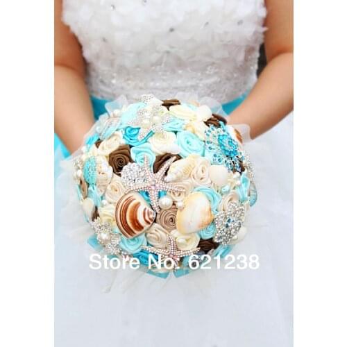 7 inch Blue shell brooch bouquet (handmade) Ocean Theme Wedding Bouquet / beach wedding bride holding flower / starfish bouquet