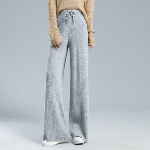 Hot sale Women 100% Pure Wool Pants 2021 New Autumn Winter Soft Waxy Comfortable High-Waist Knit Female Thicken Wide Leg Pants