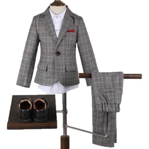 Boys Formal Plaid Suit Set Children Blazer Vest Pants Shirt 4pcs Clothes Set Autumn Winter Kids Party Wedding Piano Costume
