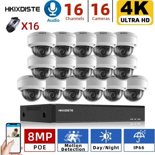 Home 4K 8MP POE Camera Security System NVR Kit POE NVR 8MP 16CH Indoor IP Audio Dome CCTV Camera Video Surveillance Systems Set