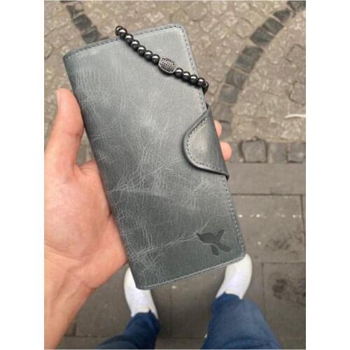 Karali Leather Phone Compartment Crazy Gray Locked Genuine Leather Wallet-zircon Bracelet Gift