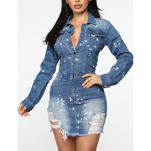 Fashion Hollow Out Denim Dress Sexy Long Sleeve Jeans African Women Dress Female Streetwear Bodycon Shirt Dress Vestido De Mujer