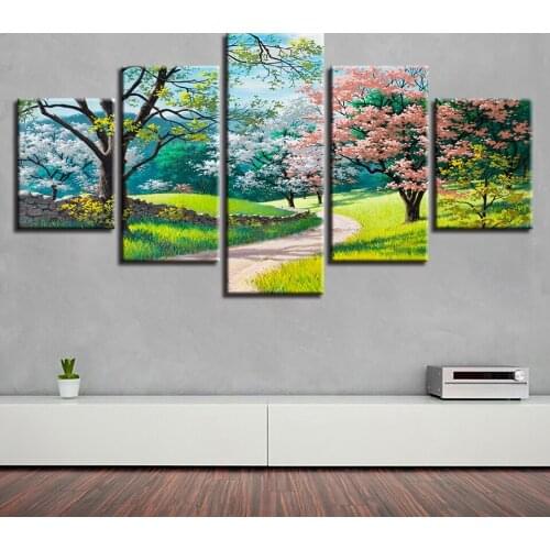 HD Prints Decor Wall Modular Canvas Painting 5 Pieces Green Trees Flowers Grass Path Spring Natural Scenery Picture Poster Art