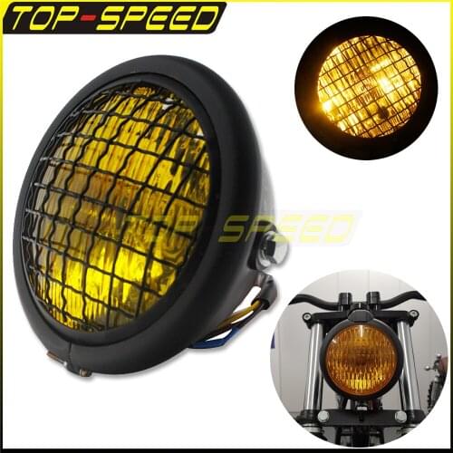 1 pcs Retro Style Motorcycle Black Grill Amber Headlight Chopper Bobber Cafe Racer For Harley Chopper Bobber Cafe Racer Custom