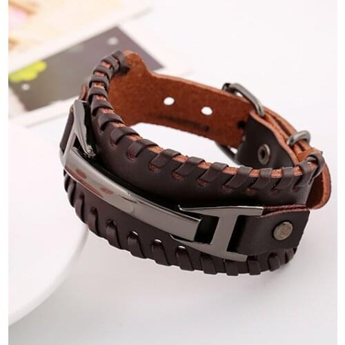 Mens Bracelet Wide Cuff Rope Leather Band Bracelet Watch Buckle Wristband Bangle Jewelry