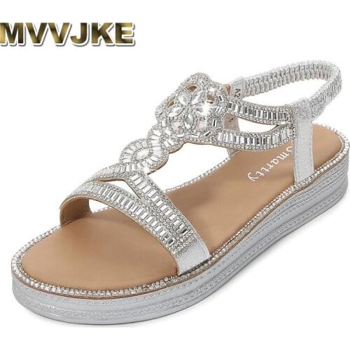 MVVJKESilver/gold rhinestone elastic band national style sandals women open toe creepers sandalias diamond flower muffins thong