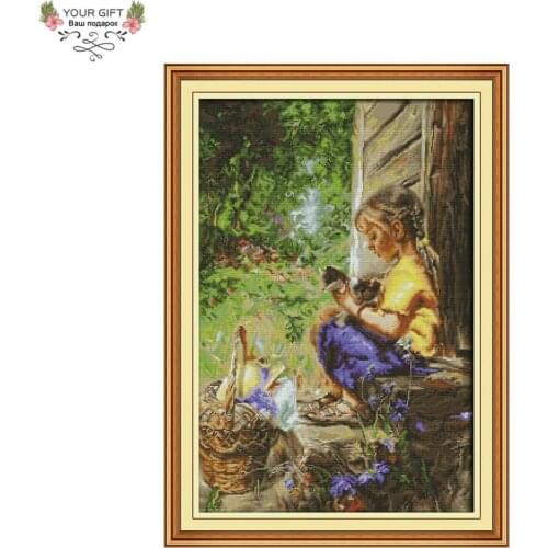 Joy Sunday Girl And Kitten Home Decor RA086 14CT 11CT Counted and Stamped Needlework Embroidery DIY Cross Stitch Kit