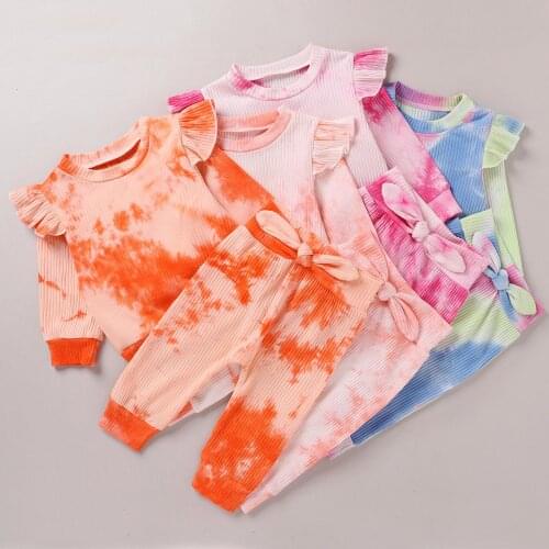 6Months-4Years Multicolor rainbow Toddler Kids Baby Girl Clothes Tie-Dye Ruffle Winter Warm Tops+Pants Outfits Set fashion M5