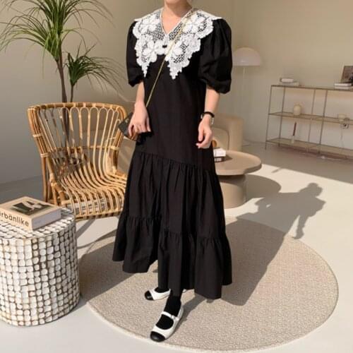 Solid black woman dress V Neck Hollow Out High Waist Casual holiday dresses for women Puff Sleeves Loose Fit long vestidos 2021
