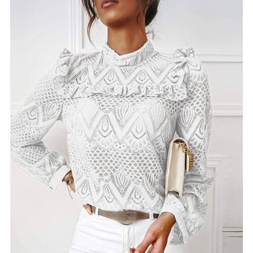Autumn Fashion Solid Women Blouse Shirts Casual Office Lady Lace Pullover Tops 2021 Elegant Slim Long Sleeve Button Blusas