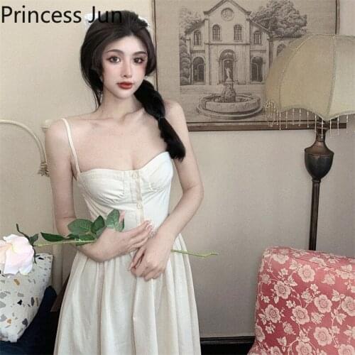 French Women Slim Suspender Dress Retro Sexy Slash Neck High Waist A Line Strap Dress Summer Holiday Sleeveless A Line Dress