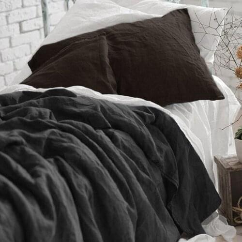 3PCS Washed France Linens King Size Bedding Duvet Cover Set Black White Flax Queen Quilt Cover and Pillowcases for Double Bed