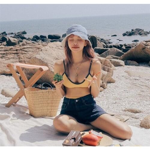 Retro simple high waist split swimsuit women Korean sexy bikini bikini