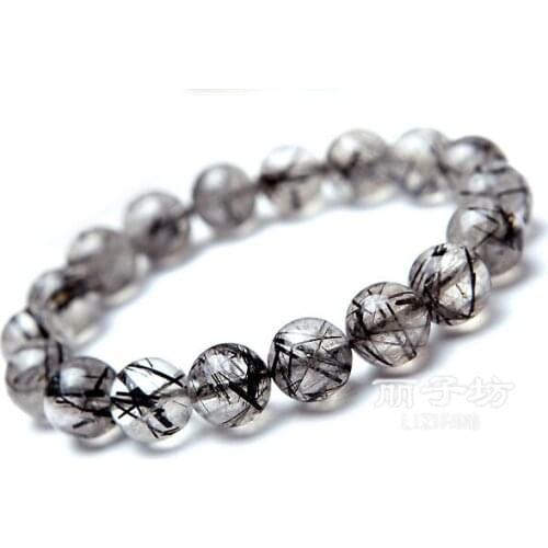 Drop Shipping 11mm Genuine Natural Black Hair Rutilated Quartz Crystal Clear Round Beads Jewelry Women Mens Stretch Bracelet