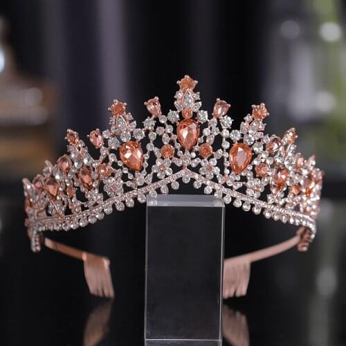 Luxury Pink Rhinestone Bridal Tiaras Crown Baroque Full Crystal Diadem For Bride Headbands Wedding Hair Jewelry Accessories