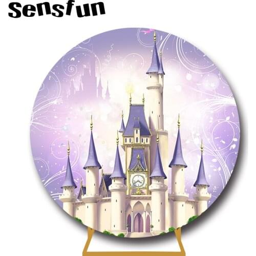 Sensfun Purple Princess Castle Round Backdrop Cover Girls Newborn Baby Shower Birthday Party Circle Background Elastic Custom