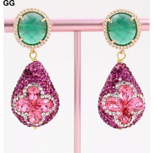 GuaiGuai Jewelry Natural Green Jades Gold Color Plated Red CZ Paved Crystal Flower Stud Earrings For Women