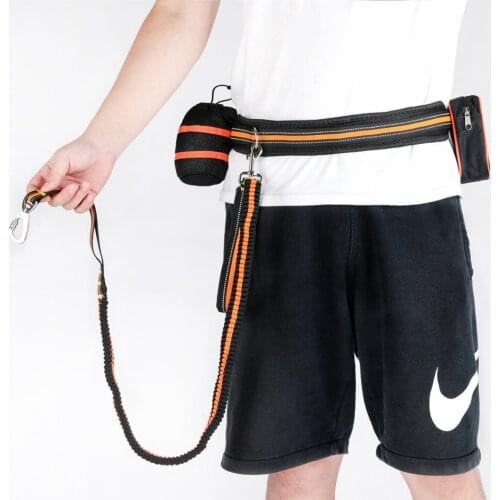Hand Free Reflective Stitching Running Dog Lead Shock Absorbing With Adjustable Waist Pouches for Walking Dogs