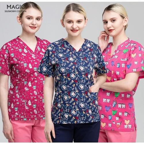 Unisex Pet Grooming Work Uniform Dental Nursing Work Wear Cartoon Printed Scrubs Tops Lab Dustproof Medical Surgical Doctor Tops