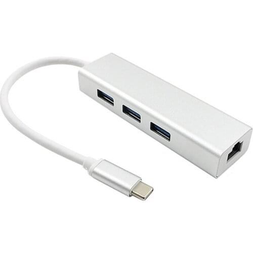 USB 3.1 USB-C Type-C to Ethernet Network LAN rj45 with 3 Ports USB3.0 Hub Adapter Silver color For Macbook & Chromebook